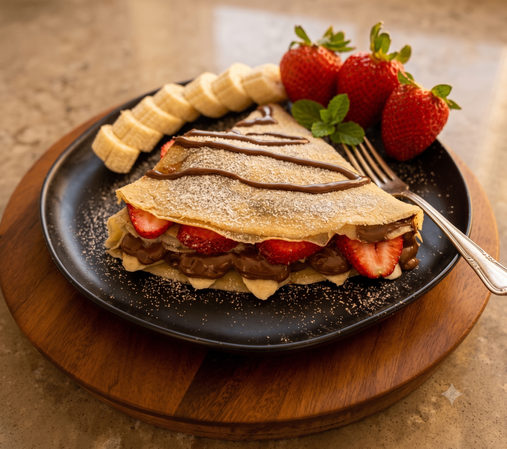 Fresh crepe with Nutella, strawberries, and banana on a black plate