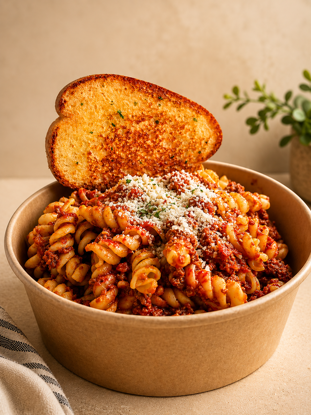 Close-up pasta bowl with parmesan, sauce, and garlic bread