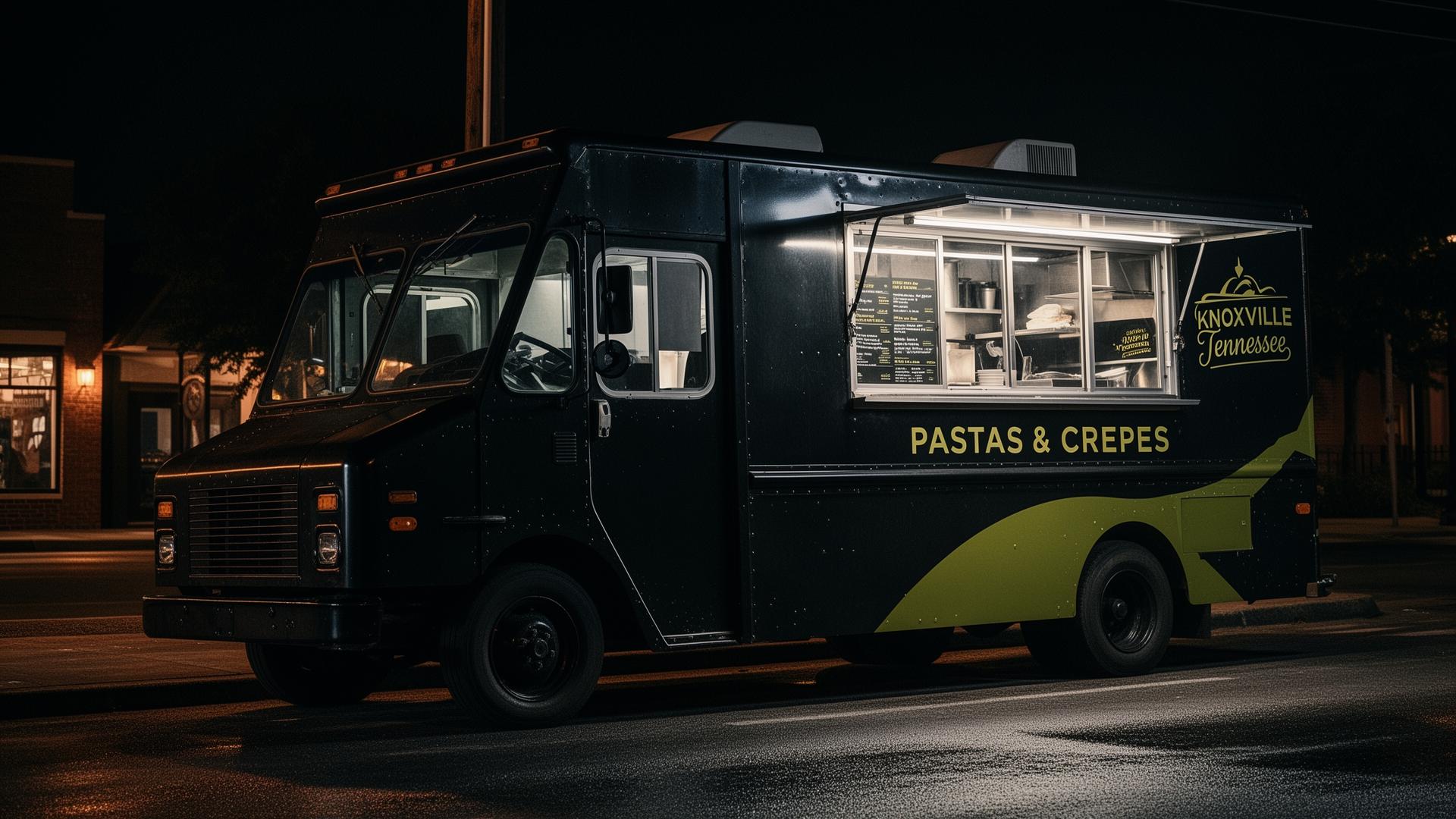 Alebrijes Pasta & Crepes food truck in Knoxville at night